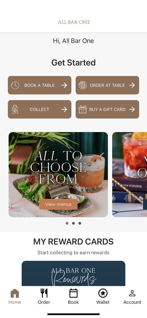 All Bar One - Startbildschirm der All Bar One App mit Optionen zum Buchen eines Tisches, zur Bestellung am Tisch und zur Anzeige von Belohnungen.