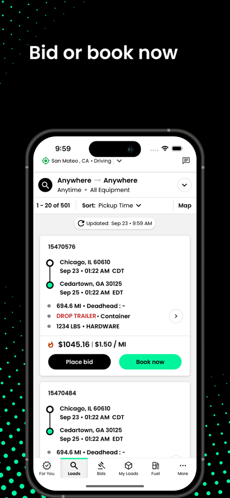 RXO Driveアプリのインターフェースで、入札ボタンと予約ボタン付きの貨物オプションが表示されています