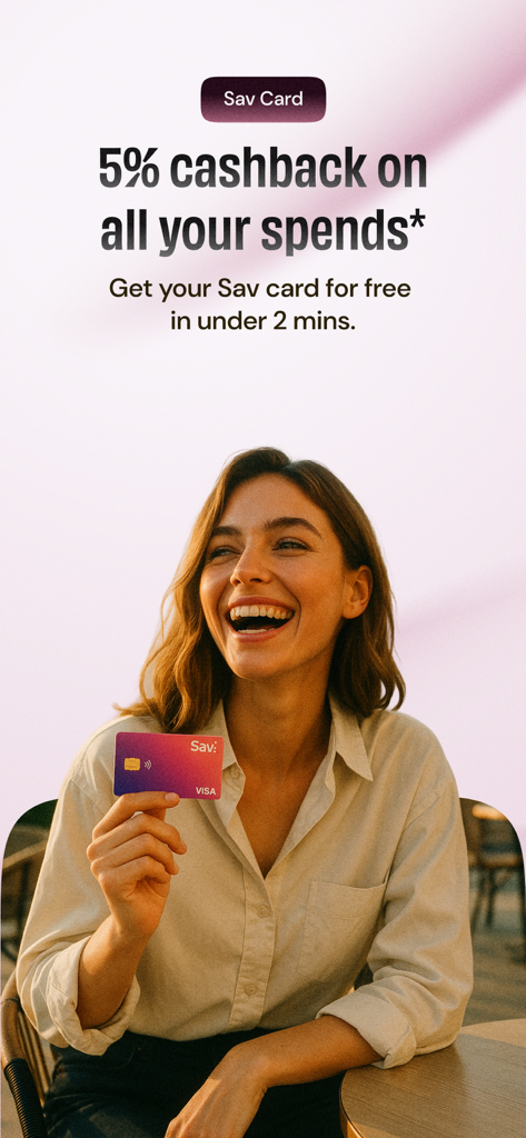 A happy woman holding a Sav Visa card highlighting five percent cashback on all purchases