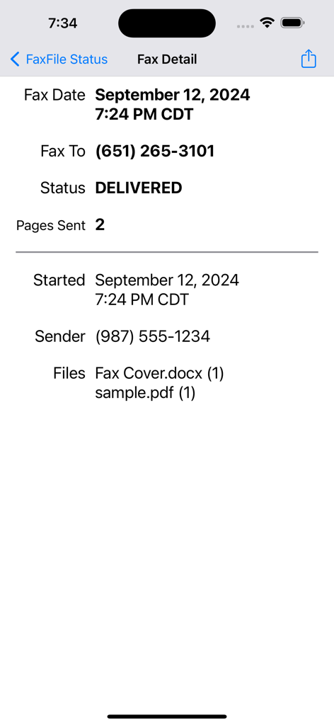 FAX for iPhone - send fax app - 宛先詳細と送信済みドキュメントが表示された、正常に配信されたFAXを示すモバイルアプリ画面