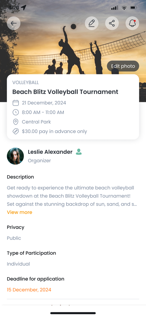 Sports in One - Details for a beach volleyball tournament in Central Park on the Sports in One app.