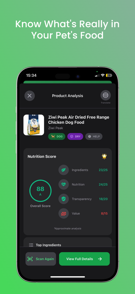 Pawdi - Pet Food Scanner - Tela do aplicativo Pawdi exibindo pontuação de nutrição e análise de ingredientes para ração de cachorro