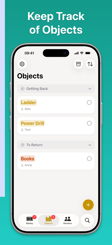 Keepfully – Loan Tracker - iPhone screen of the Keepfully app showing the objects tracking feature with lists for a ladder and power drill under getting back and books under to return.