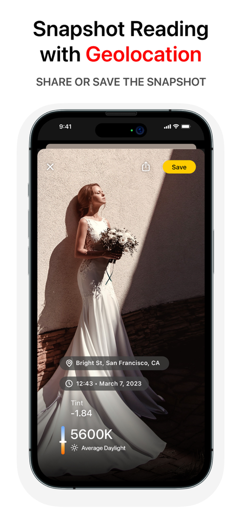 White Balance Meter AI - KEV - Captura de pantalla de la aplicación KEV que muestra una instantánea de una novia con datos de temperatura de color y detalles de geolocalización.