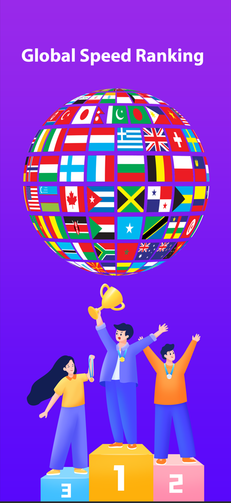 SpeedRace：Speed test & Ranking - Global internet speed ranking leaderboard with users on a podium below a globe made of national flags