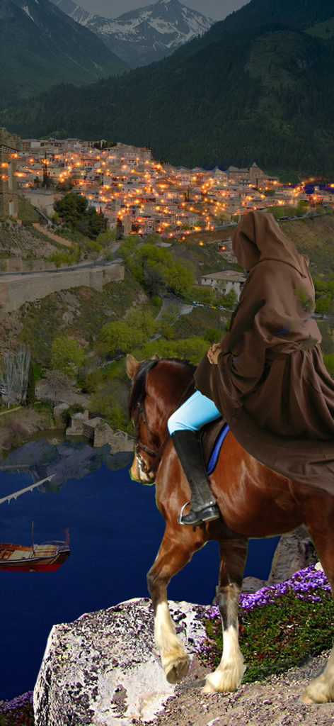The Lost Heir 2 - A hooded figure on horseback overlooking a glowing city in a mountain valley landscape.