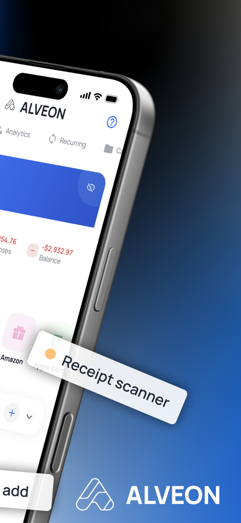 Alveon: Expense & Income Track - Alveon mobile app interface displaying the AI receipt scanner feature for expense tracking