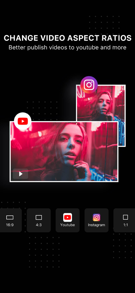 Video Editor . - Interface showing video aspect ratio options for YouTube Instagram and common formats in the Video Editor app
