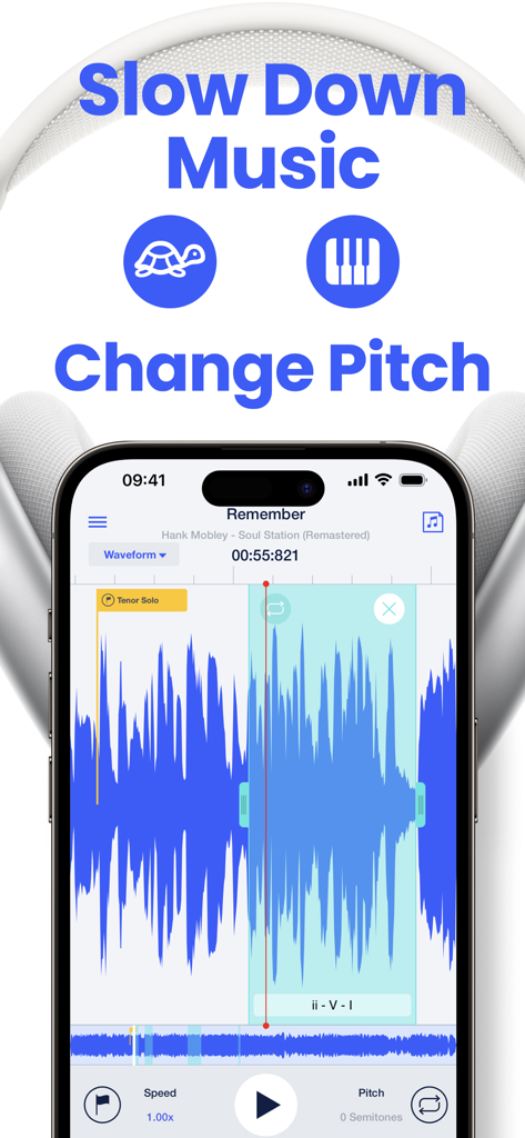Speed Changer | Transcribe+ - Transcribe plus app interface on a smartphone screen showing a music waveform with speed and pitch controls