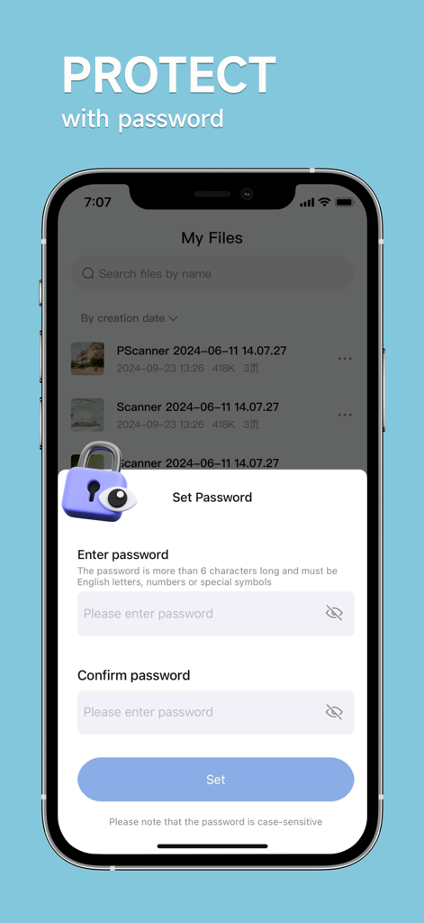pScanner:PDF Document Scanner - Smartphone screen showing the password setup for secure file protection in the pScanner app.