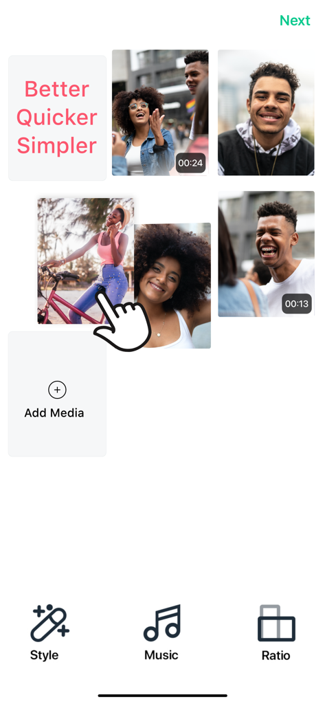 Interface do aplicativo móvel Magisto mostrando a seleção de fotos e vídeos com ferramentas de edição