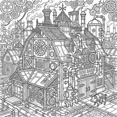 Step into a world where agriculture meets invention with this intricate Steampunk Hog Barn coloring page. Discover a fascinating blend of rustic charm and retro-futuristic machinery, perfect for adult and teen coloring enthusiasts.