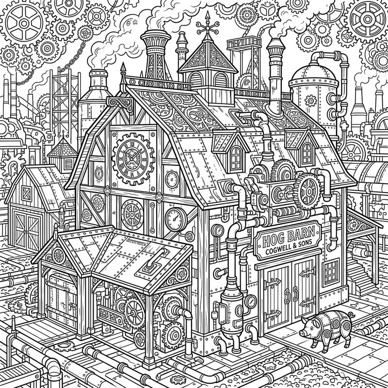 Step into a world where agriculture meets invention with this intricate Steampunk Hog Barn coloring page. Discover a fascinating blend of rustic charm and retro-futuristic machinery, perfect for adult and teen coloring enthusiasts.