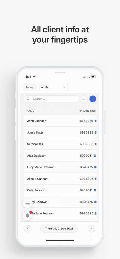 Noona HQ - A mobile app screen showing a searchable client list with contact names and phone numbers for small business management