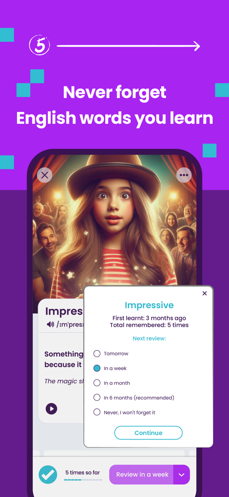 Interface of WordUp app showing spaced repetition feature for learning English vocabulary with a review schedule for the word Impressive.