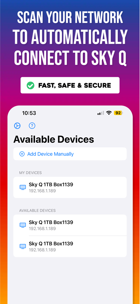 Remote Control for Sky Q - Interfaz que muestra los decodificadores Sky Q disponibles para conexión automática mediante escaneo de red
