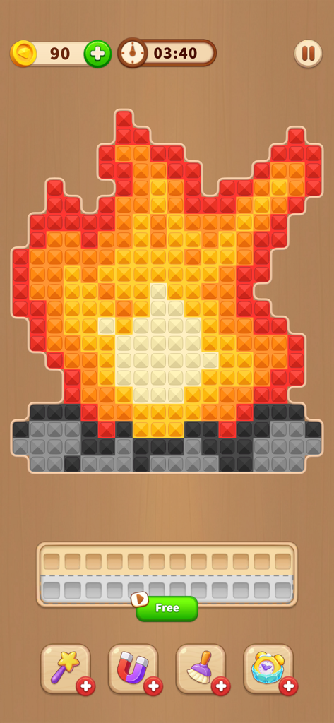 Diamond Flow: Color Puzzle - A diamond painting puzzle game screen featuring a colorful fire artwork being completed by sorting gems.