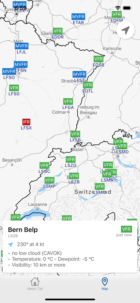 Map view of the Aviation weather app showing VFR and IFR flight conditions for various airports.