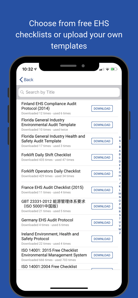 Nimonik - Inspect & Registers - A mobile interface displaying various EHS audit checklists and templates available for download within the Nimonik app.