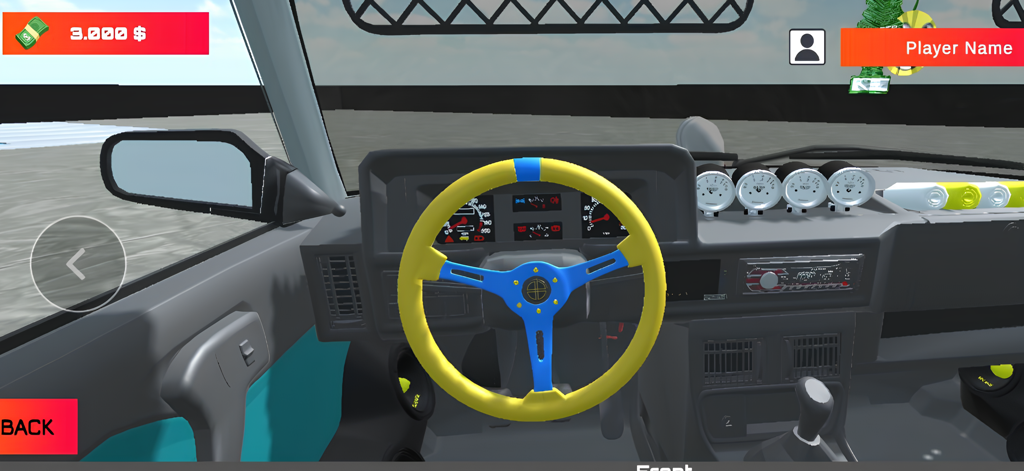 Etiket Tofaskゲームの改造Tofas Dogan車のコックピット内ビュー。黄色いステアリングホイールとダッシュボードゲージが表示されています。