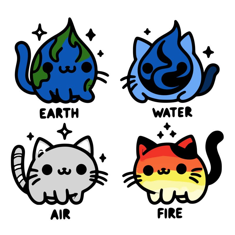 4 cats that represent the different elements, earth, water, air, and fire