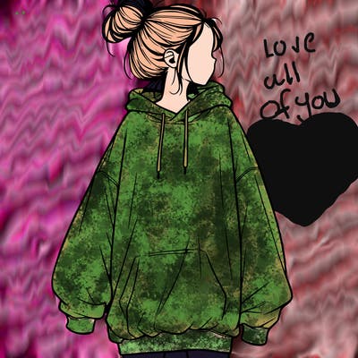 realistic girl with a oversized sweatshirt on and a bun