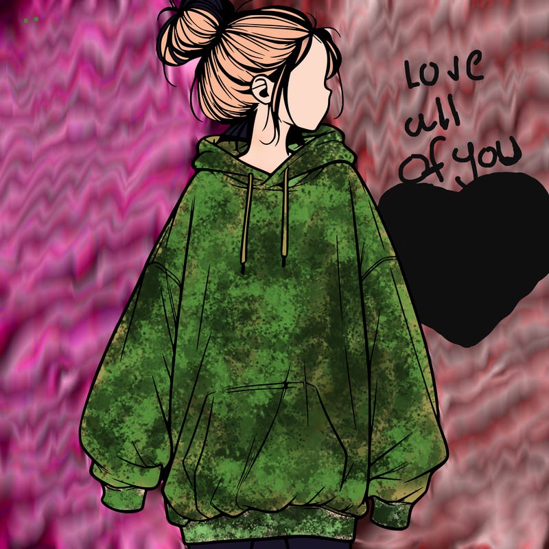 realistic girl with a oversized sweatshirt on and a bun