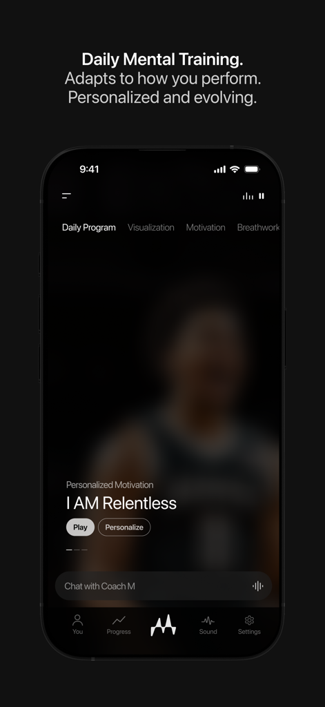 The Mastery App - Interface of The Mastery App showing a personalized motivation session titled I AM Relentless for daily mental training.