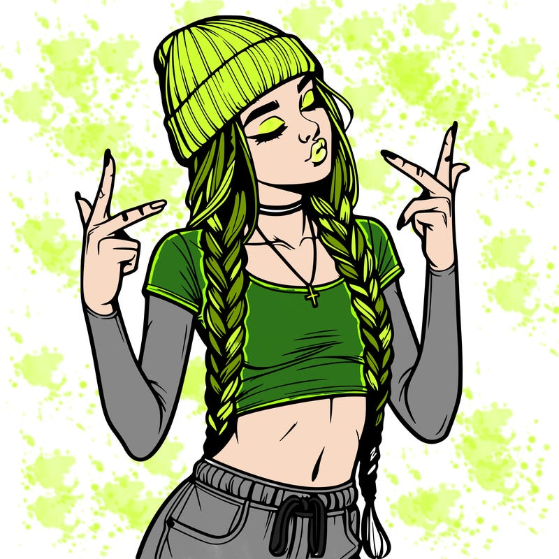 realistic teenage girl with braids and a beanie and crop top doing 🫶🏼