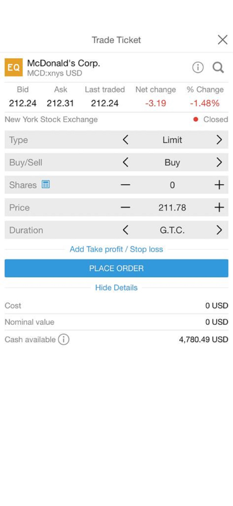 AB Invest Mobile - AB Invest Mobile trade ticket screen for purchasing McDonalds stock