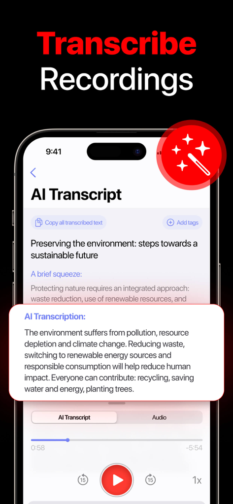 Voice Recorder - Voice Memosㅤ - iPhone interface showing an AI transcription of a voice recording with playback controls.