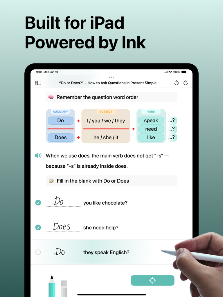 Inkly – Learn English Grammar - Handwritten English grammar lesson on an iPad using an Apple Pencil in the Inkly app