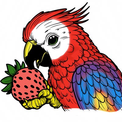 a realistic parrot eating a strawberry