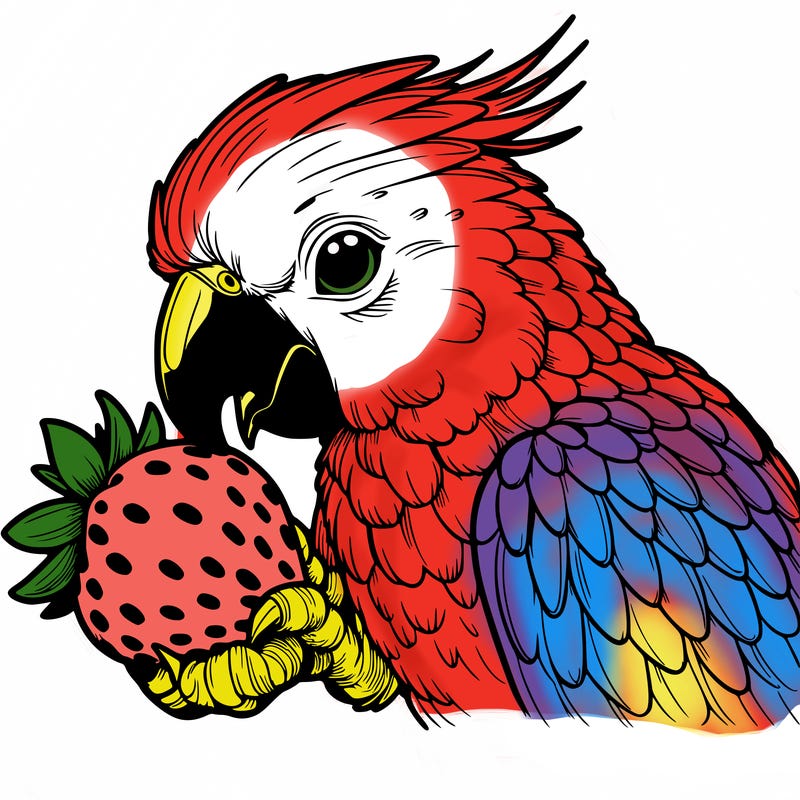 a realistic parrot eating a strawberry