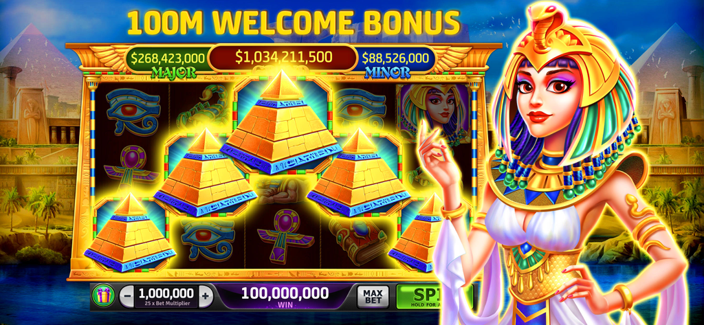Gameplay de machine à sous sur le thème de l'Égypte ancienne avec des pyramides dorées et une bannière de bonus de bienvenue de 100 millions.