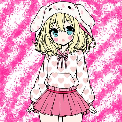 pretty anime girl wearing a fluffy hoodie with bunny ears on the hood and a skirt