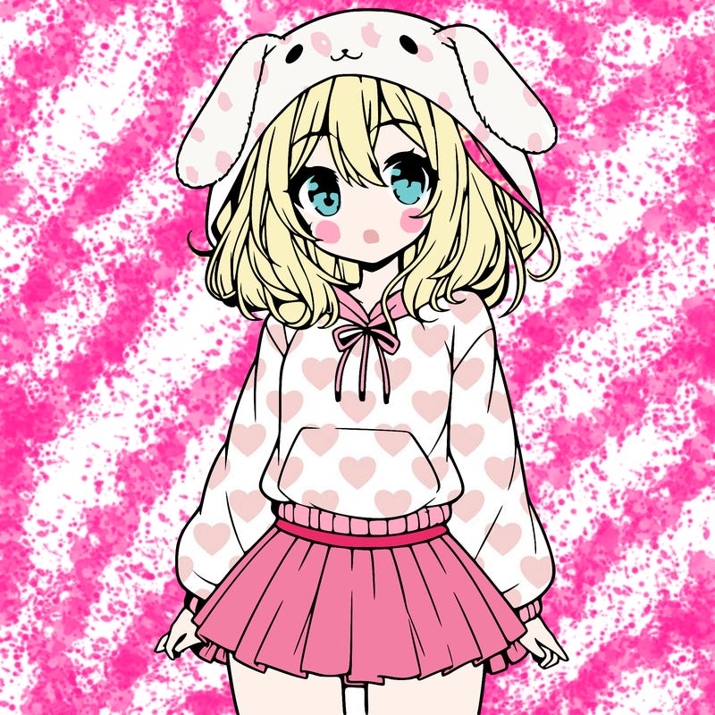 pretty anime girl wearing a fluffy hoodie with bunny ears on the hood and a skirt