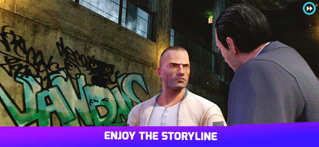 A cinematic scene of two characters talking in Gangstar Vegas with a banner saying enjoy the storyline.