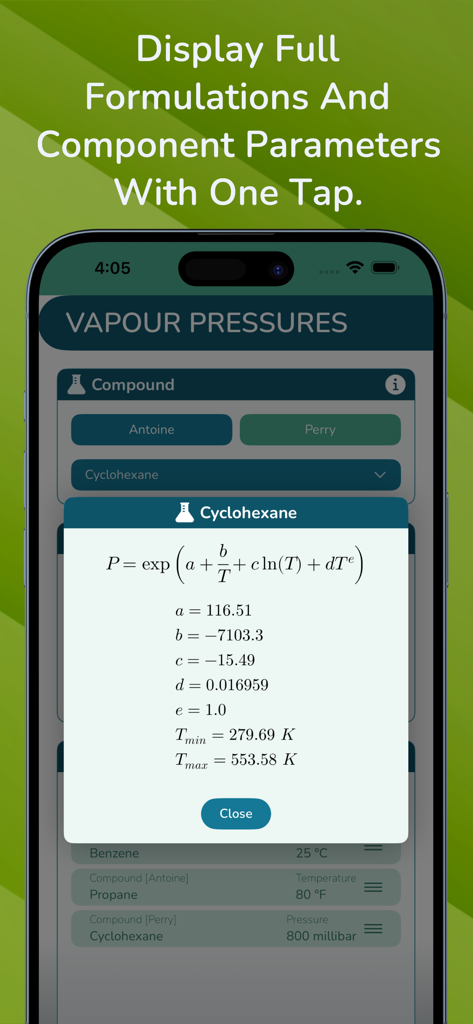 Vapour Pressures app showing chemical formulation and parameters for Cyclohexane