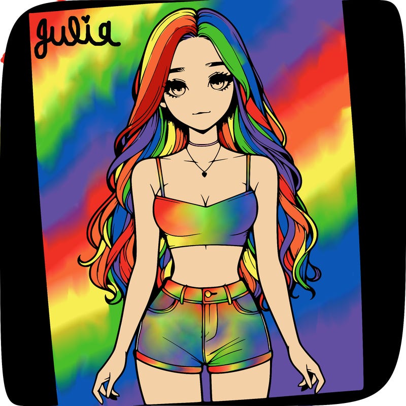 a realistic girl with long hair and in a crop top and shprts
