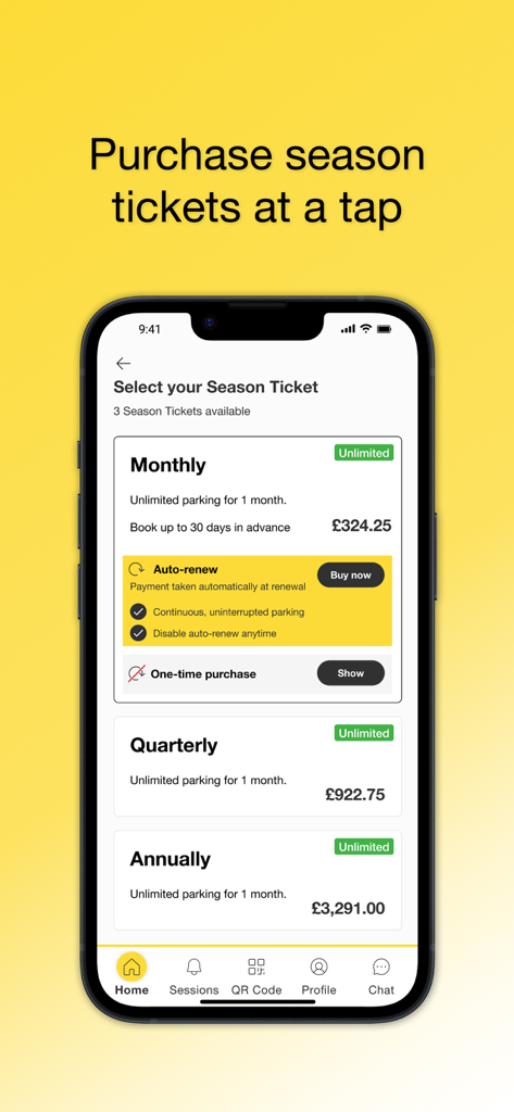 NCP - NCP app interface showing options to purchase monthly, quarterly, or annual parking season tickets.
