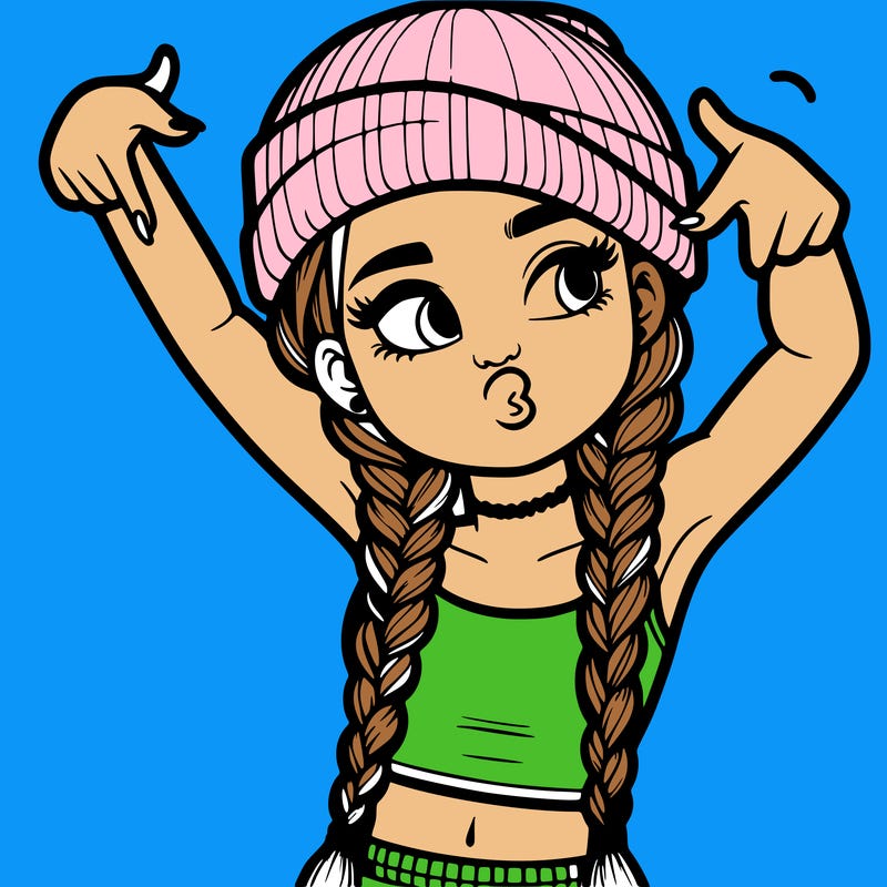 realistic teenage girl with braids and a beanie and crop top doing 🫶🏼