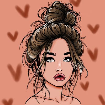 realistic girl with a messy bun and she has lips