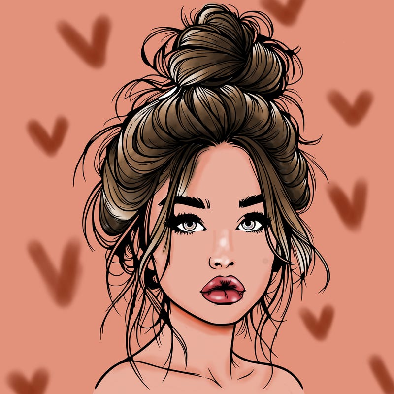 realistic girl with a messy bun and she has lips