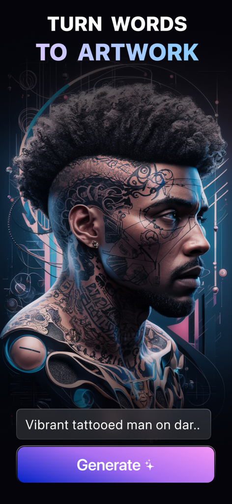 Artica - AI Art Generator - Artica AI app interface displaying a futuristic tattooed man generated from a text prompt