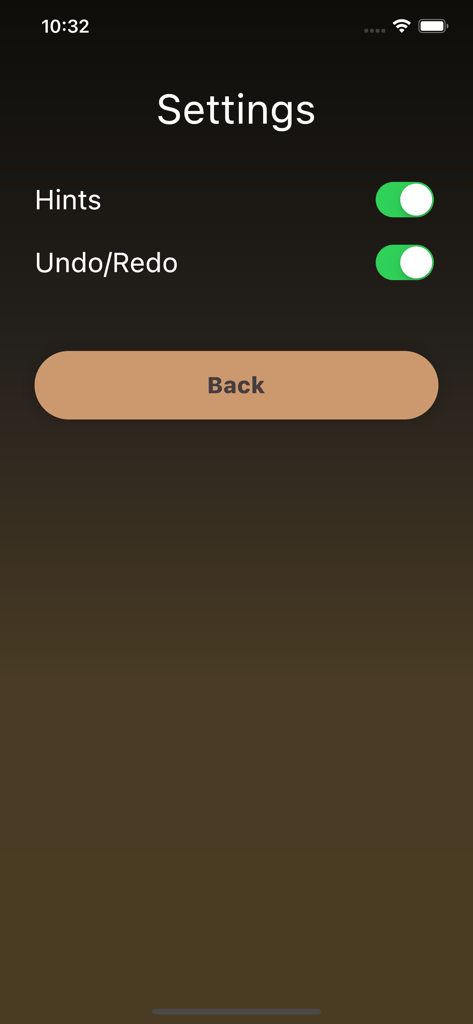 Chess Room: Play & Learn Chess - Settings screen of Chess Room app showing toggles for hints and undo redo options on a minimalist background