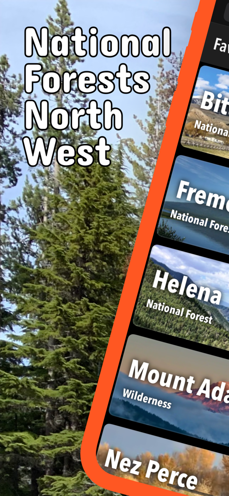 Una pantalla de smartphone mostrando la aplicación Bosques Nacionales del Noroeste con una lista de destinos naturales