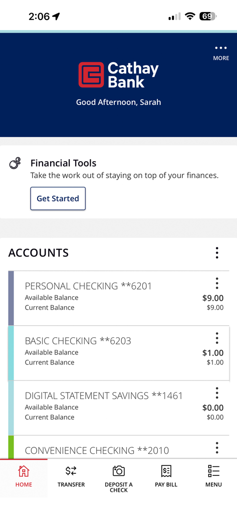 Cathay Bank - Cathay Bank mobile app dashboard displaying checking and savings account balances