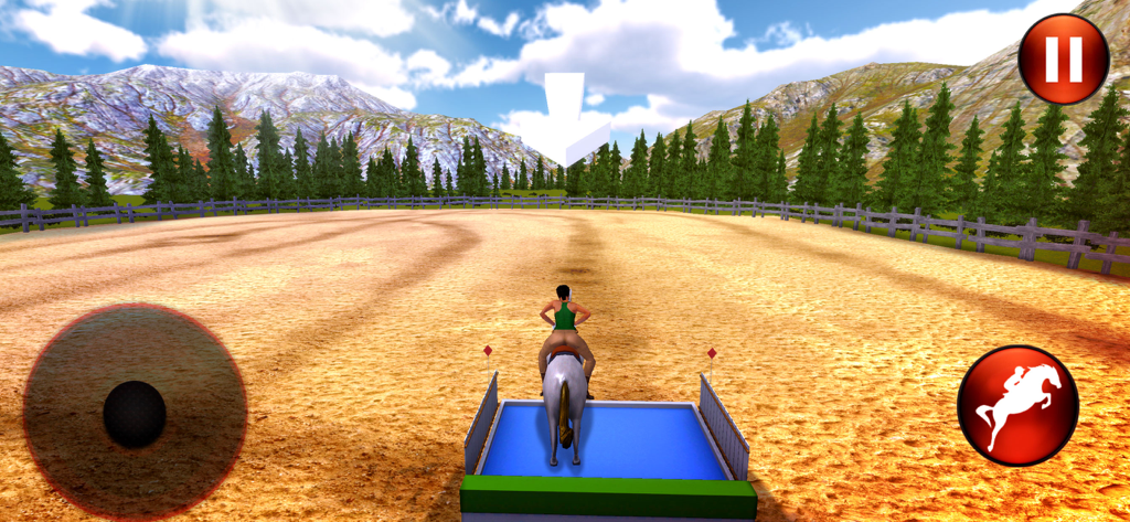 Horse Riding 3D: Show Jumping - A rider on a horse approaching a blue water jump obstacle in a 3D equestrian arena with a mountain background