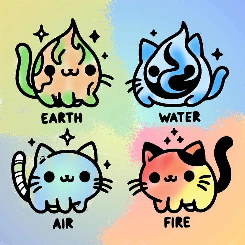4 cats that represent the different elements, earth, water, air, and fire